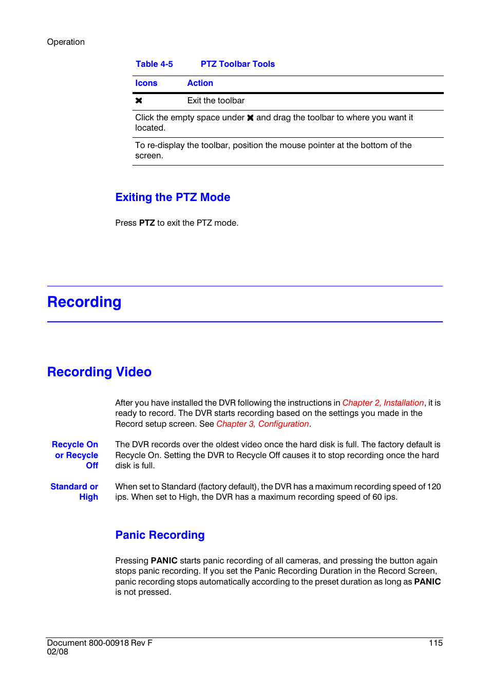 Recording, Recording video, Exiting the ptz mode | Panic recording | Honeywell HRSD16 User Manual | Page 115 / 160