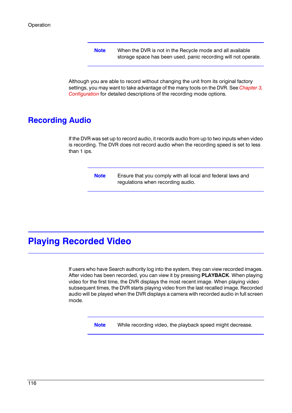 Recording audio, Playing recorded video | Honeywell HRSD16 User Manual | Page 116 / 160