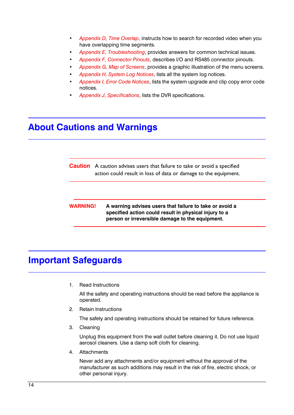 About cautions and warnings, Important safeguards | Honeywell HRSD16 User Manual | Page 14 / 160