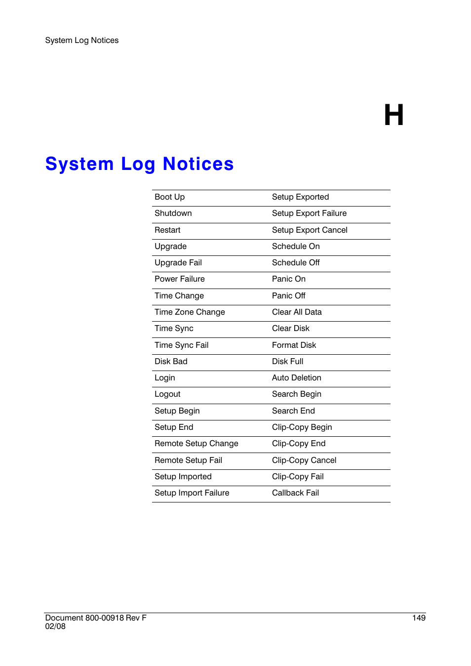 System log notices h, System log notices | Honeywell HRSD16 User Manual | Page 149 / 160