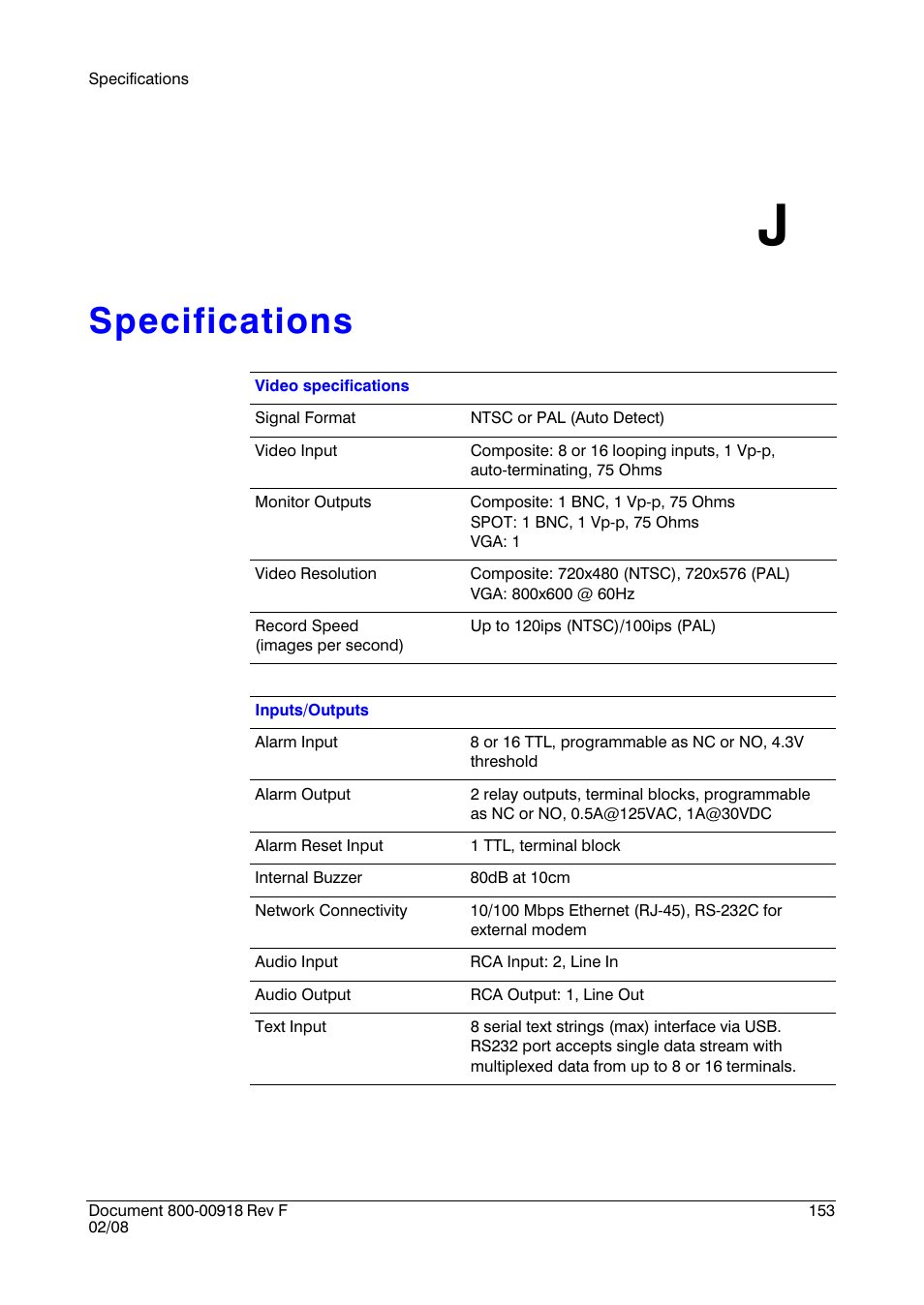 Specifications j, Specifications | Honeywell HRSD16 User Manual | Page 153 / 160