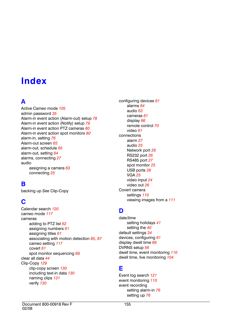 Index | Honeywell HRSD16 User Manual | Page 155 / 160
