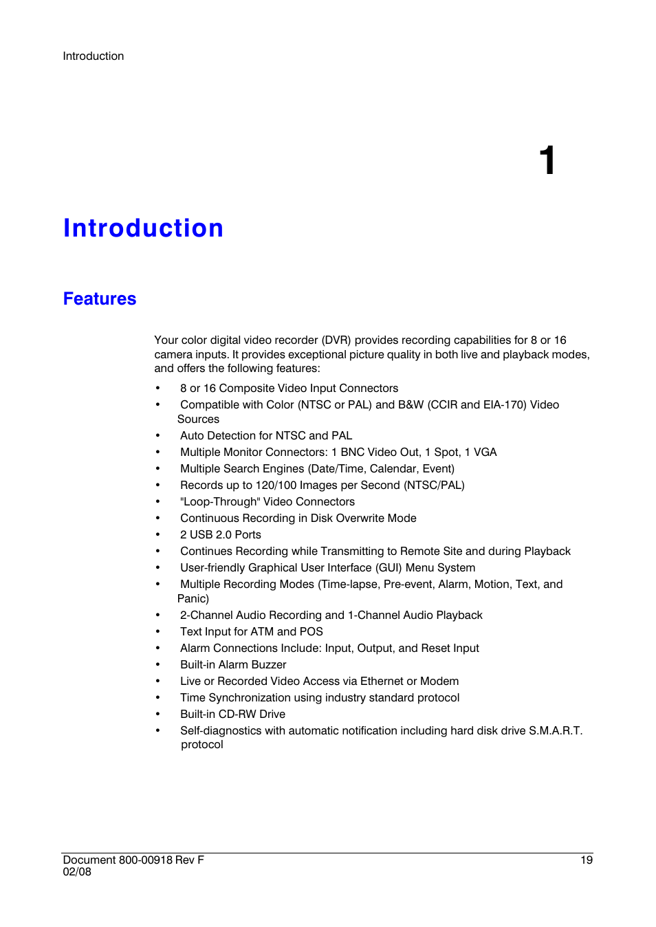 Introduction 1, Features, Introduction | Honeywell HRSD16 User Manual | Page 19 / 160
