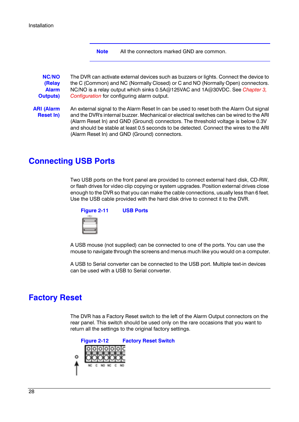Connecting usb ports, Factory reset | Honeywell HRSD16 User Manual | Page 28 / 160