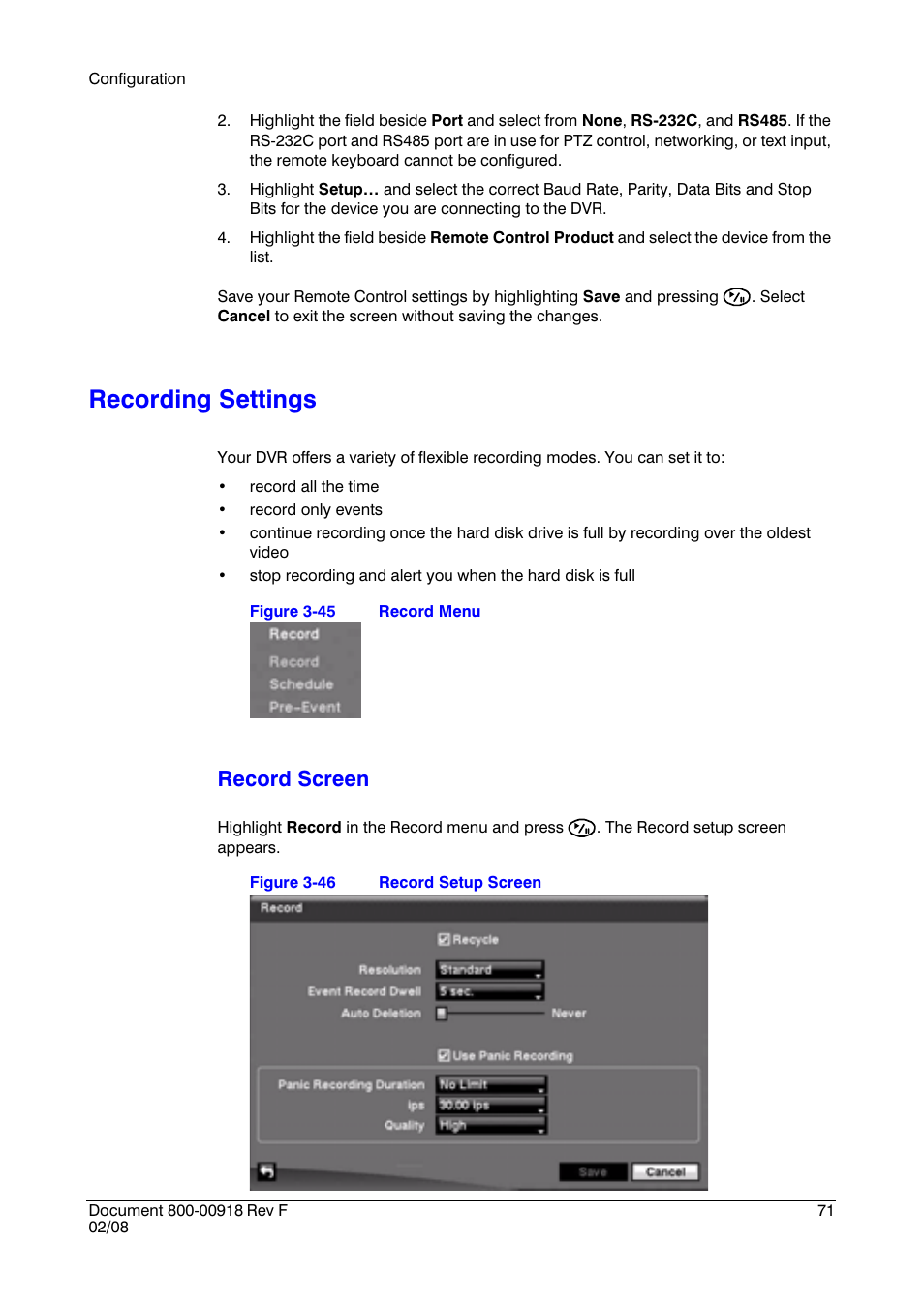 Recording settings, Record screen | Honeywell HRSD16 User Manual | Page 71 / 160