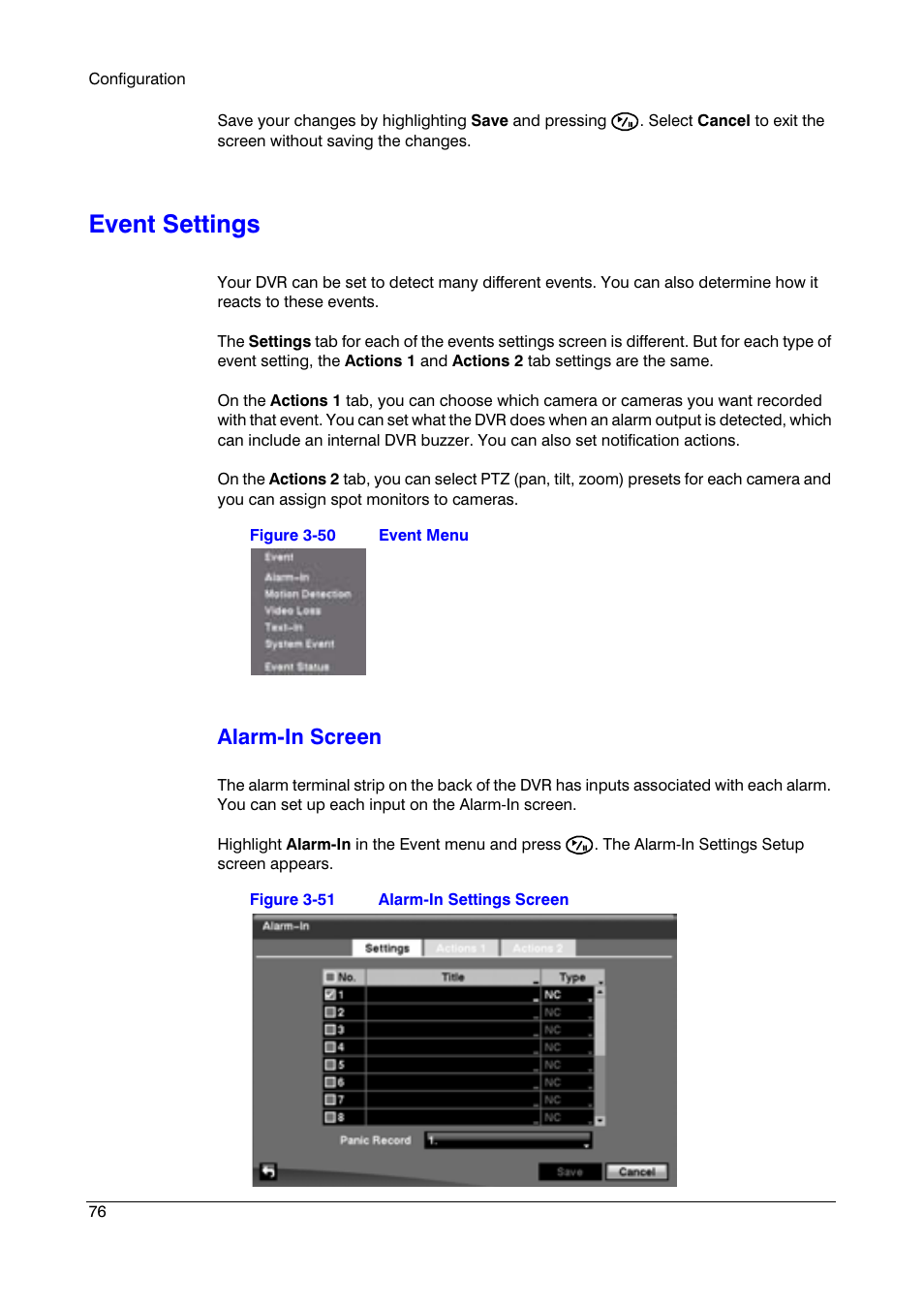 Event settings, Alarm-in screen | Honeywell HRSD16 User Manual | Page 76 / 160
