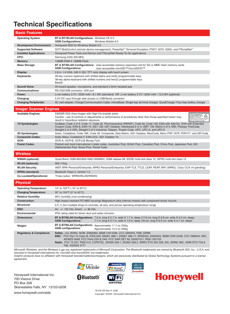 Technical specifications, Basic features, Imager scanner engines | Wireless, Physical | Honeywell 7600 User Manual | Page 2 / 2