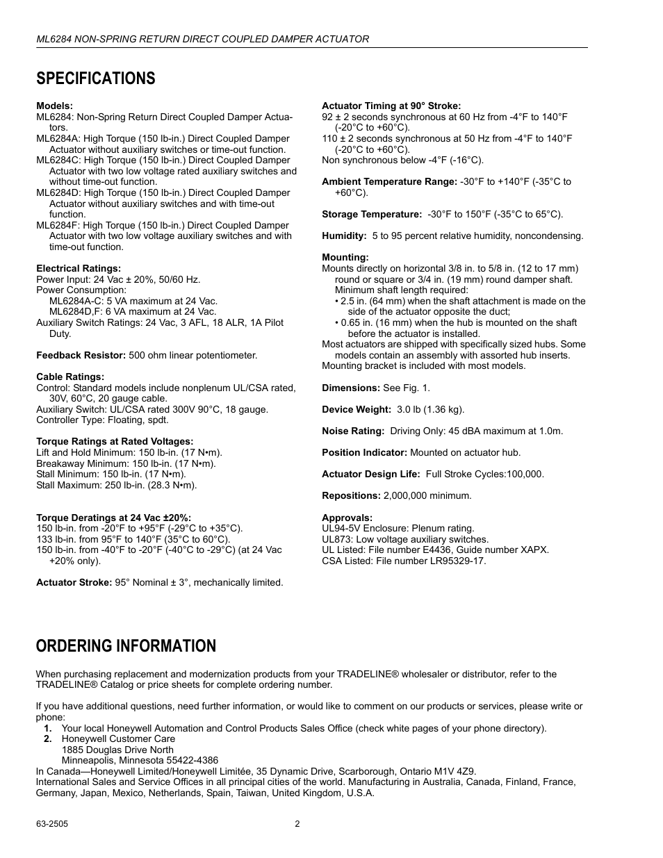 Specifications, Ordering information | Honeywell ML6284 User Manual | Page 2 / 8