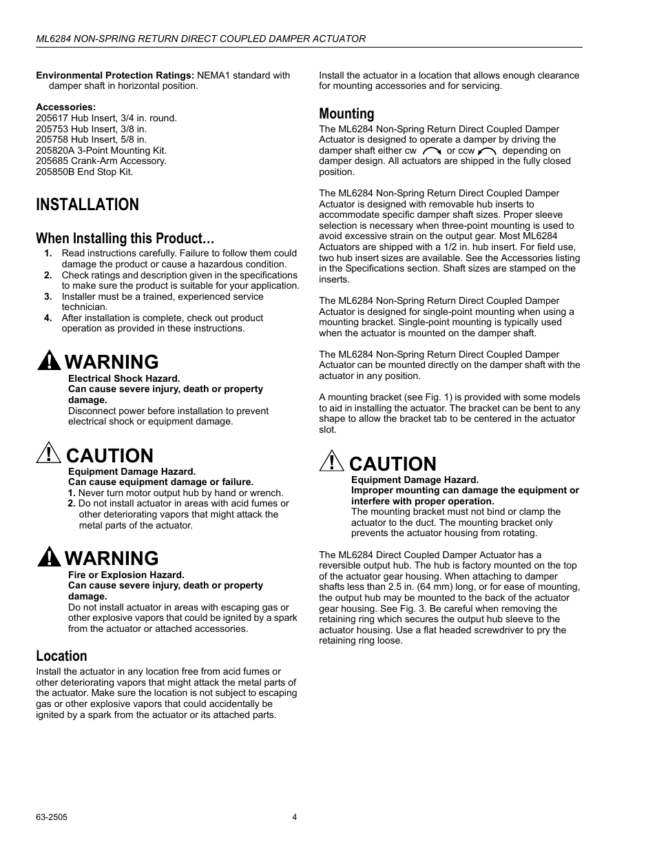 Installation, When installing this product, Location | Mounting, Warning, Caution | Honeywell ML6284 User Manual | Page 4 / 8