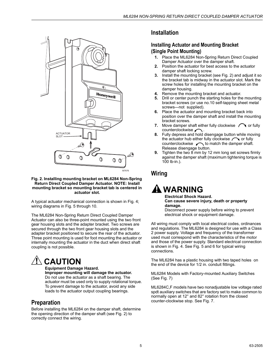 Preparation, Installation, Wiring | Caution, Warning | Honeywell ML6284 User Manual | Page 5 / 8
