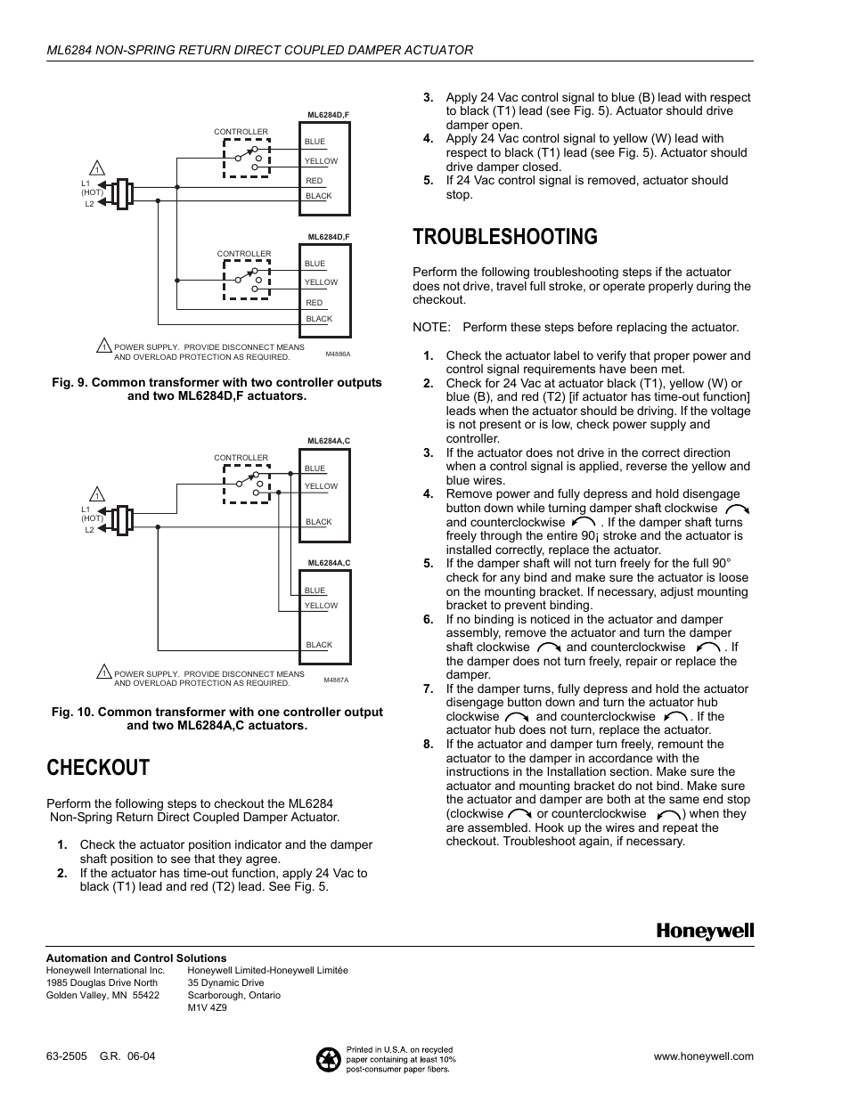 Checkout, Troubleshooting | Honeywell ML6284 User Manual | Page 8 / 8