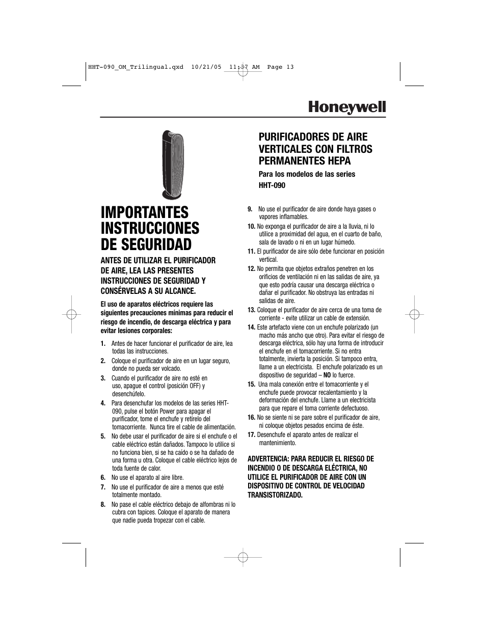 Importantes instrucciones de seguridad | Honeywell HHT-090 User Manual | Page 13 / 20