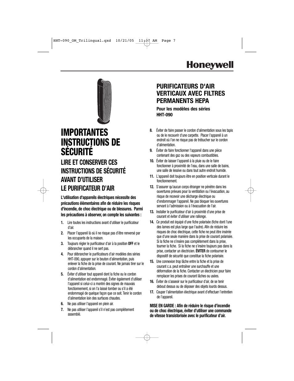 Importantes instructions de sécurité | Honeywell HHT-090 User Manual | Page 7 / 20