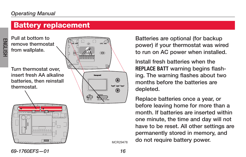 Battery replacement | Honeywell PRO TH4000 User Manual | Page 18 / 72