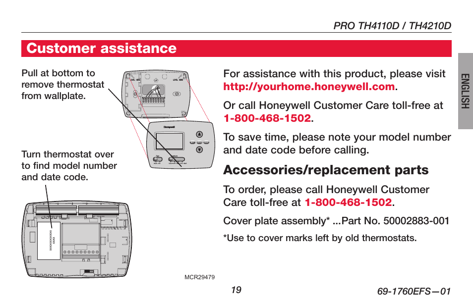 Customer assistance, Accessories/replacement parts | Honeywell PRO TH4000 User Manual | Page 21 / 72