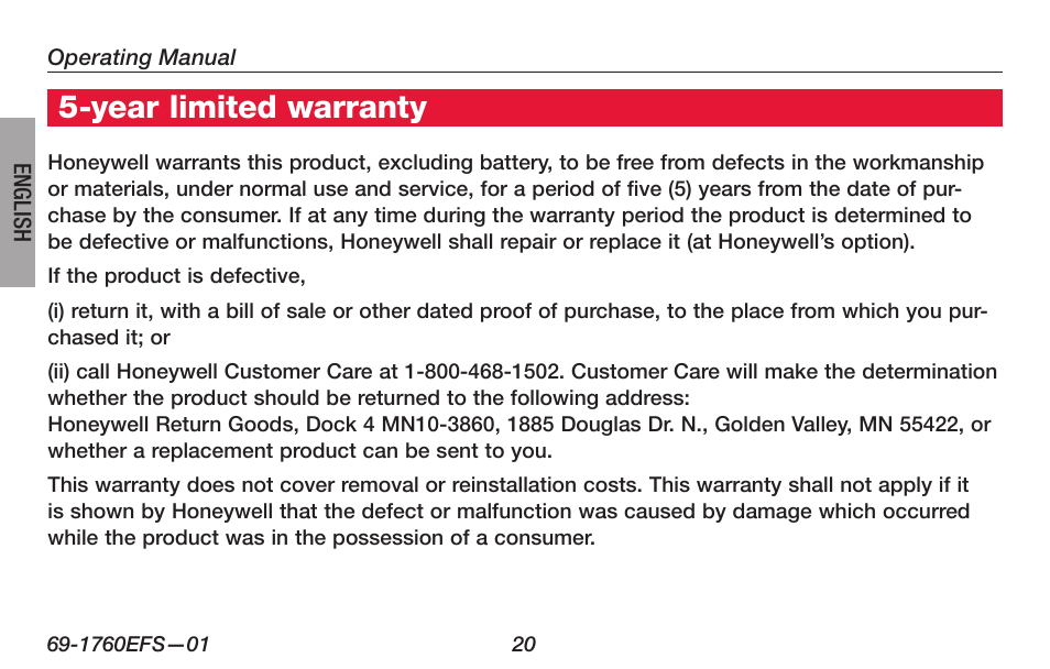 Year limited warranty | Honeywell PRO TH4000 User Manual | Page 22 / 72