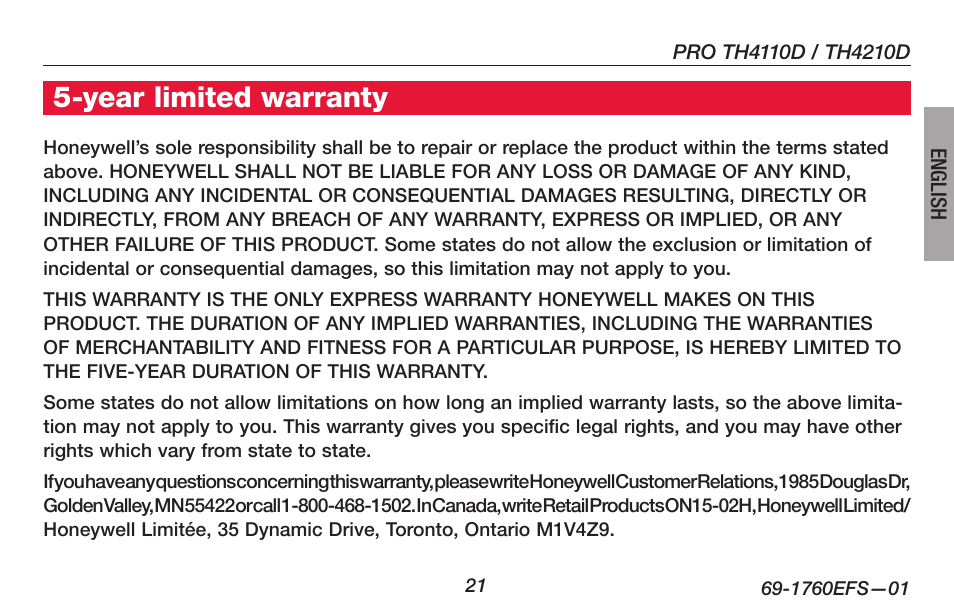 Year limited warranty | Honeywell PRO TH4000 User Manual | Page 23 / 72