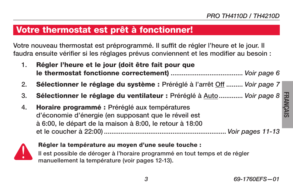 Votre thermostat est prêt à fonctionner | Honeywell PRO TH4000 User Manual | Page 29 / 72