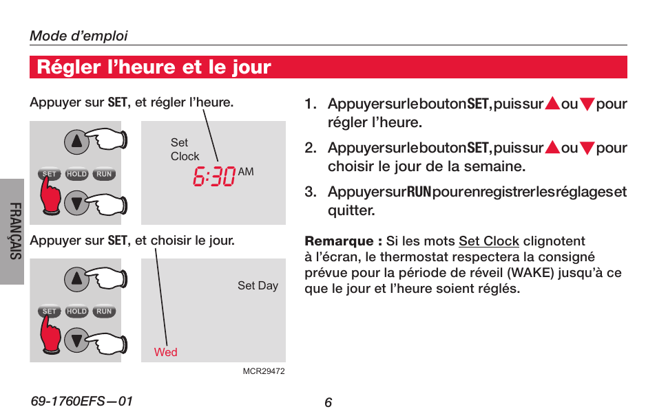 Régler l’heure et le jour | Honeywell PRO TH4000 User Manual | Page 32 / 72