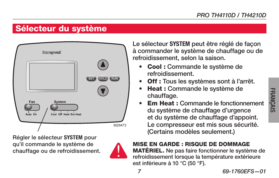 Sélecteur du système | Honeywell PRO TH4000 User Manual | Page 33 / 72