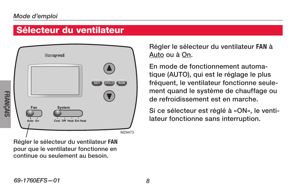 Sélecteur du ventilateur | Honeywell PRO TH4000 User Manual | Page 34 / 72