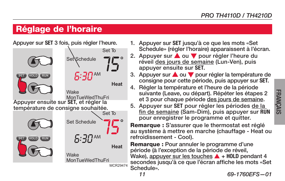 Réglage de l’horaire | Honeywell PRO TH4000 User Manual | Page 37 / 72