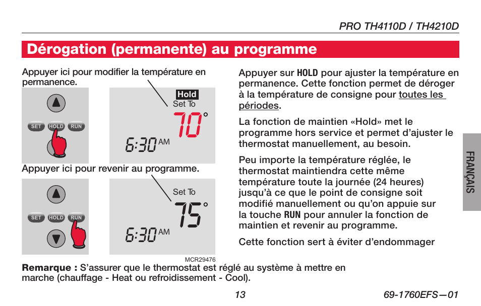 Dérogation (permanente) au programme | Honeywell PRO TH4000 User Manual | Page 39 / 72