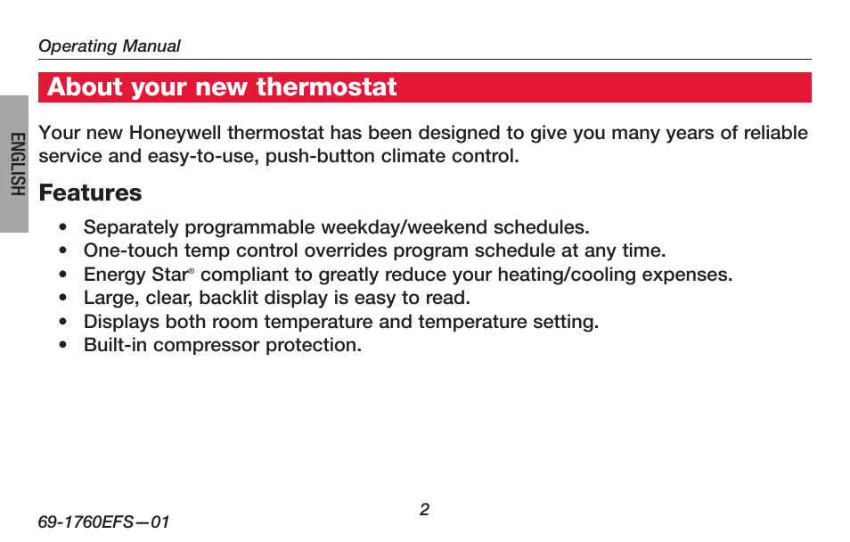 About your new thermostat, Features | Honeywell PRO TH4000 User Manual | Page 4 / 72