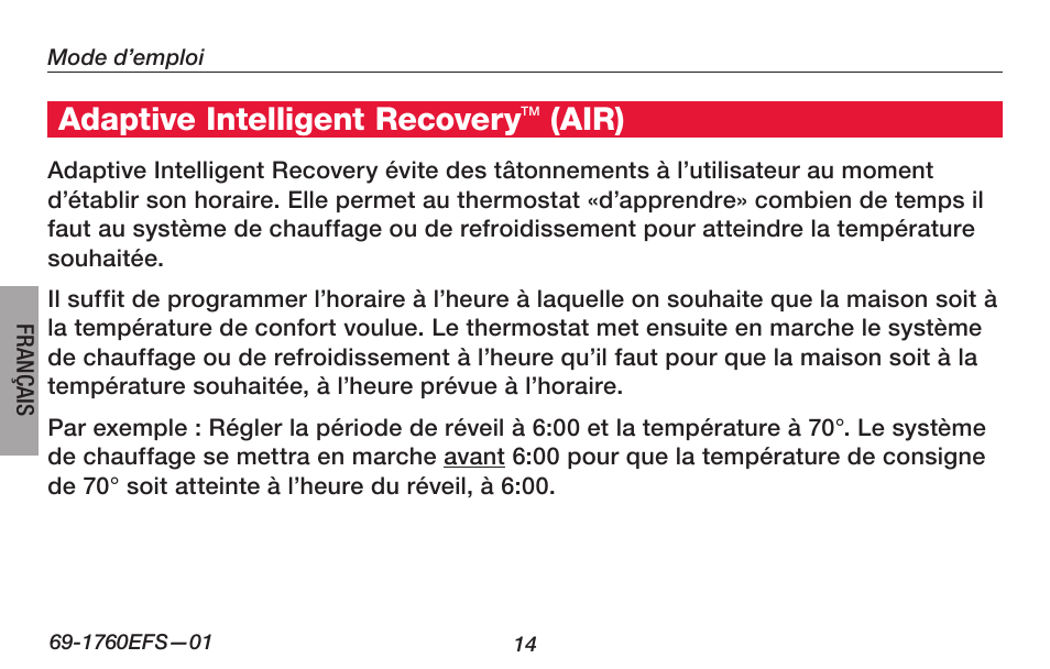 Adaptive intelligent recovery, Air) | Honeywell PRO TH4000 User Manual | Page 40 / 72