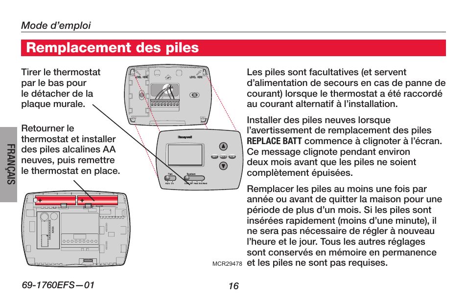 Remplacement des piles | Honeywell PRO TH4000 User Manual | Page 42 / 72