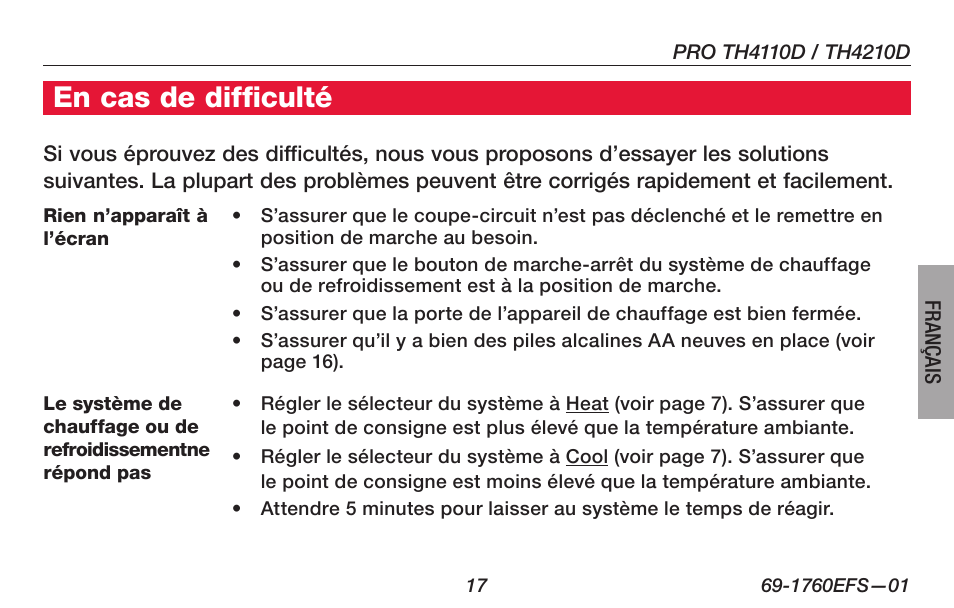 En cas de difficulté | Honeywell PRO TH4000 User Manual | Page 43 / 72