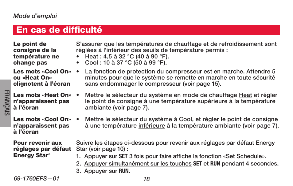 En cas de difficulté | Honeywell PRO TH4000 User Manual | Page 44 / 72