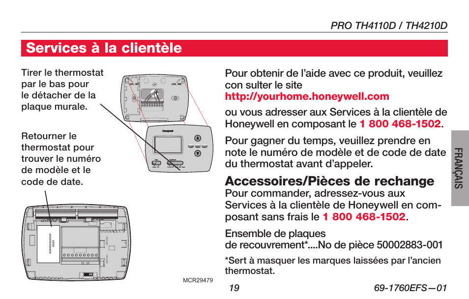 Services à la clientèle | Honeywell PRO TH4000 User Manual | Page 45 / 72