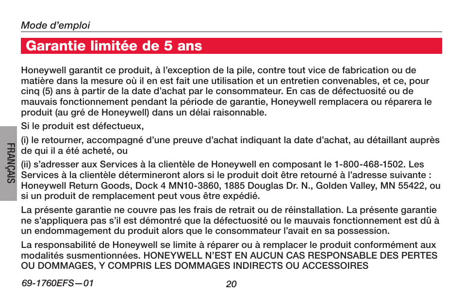 Garantie limitée de 5 ans | Honeywell PRO TH4000 User Manual | Page 46 / 72