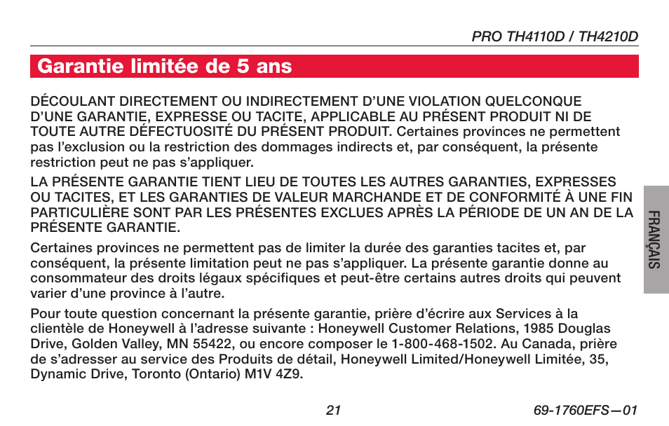 Garantie limitée de 5 ans | Honeywell PRO TH4000 User Manual | Page 47 / 72