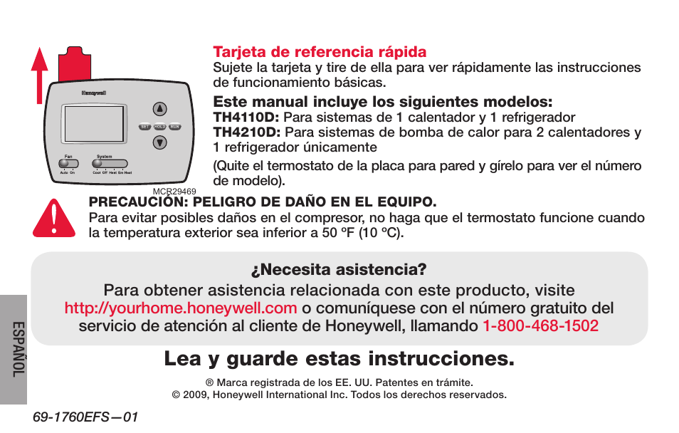 Lea y guarde estas instrucciones | Honeywell PRO TH4000 User Manual | Page 50 / 72