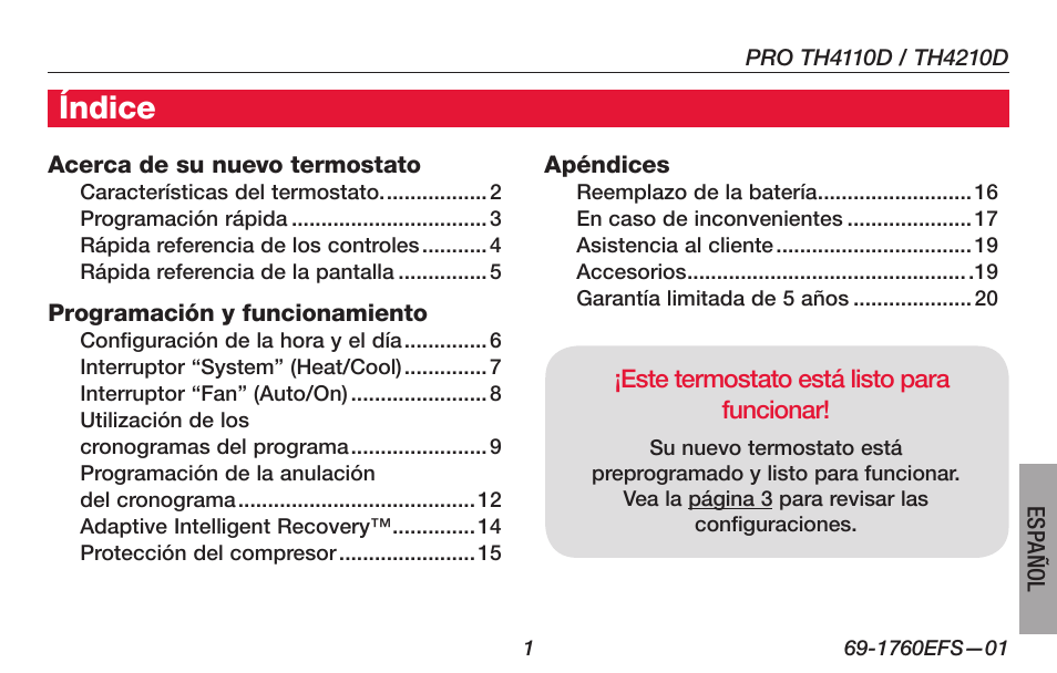 Índice | Honeywell PRO TH4000 User Manual | Page 51 / 72