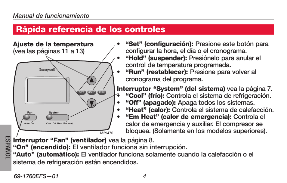 Rápida referencia de los controles | Honeywell PRO TH4000 User Manual | Page 54 / 72