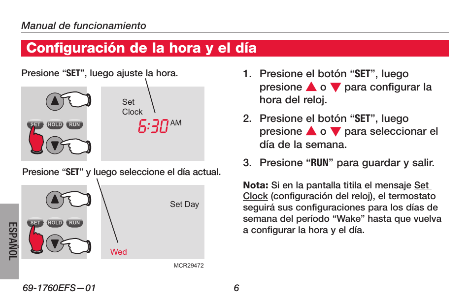 Configuración de la hora y el día | Honeywell PRO TH4000 User Manual | Page 56 / 72