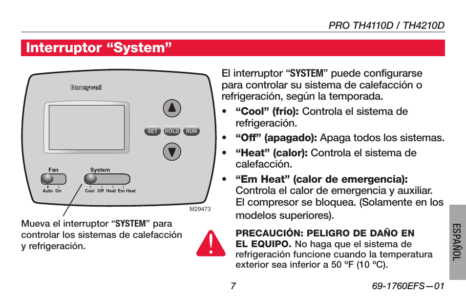 Interruptor “system | Honeywell PRO TH4000 User Manual | Page 57 / 72
