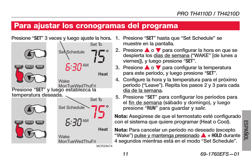 Para ajustar los cronogramas del programa | Honeywell PRO TH4000 User Manual | Page 61 / 72