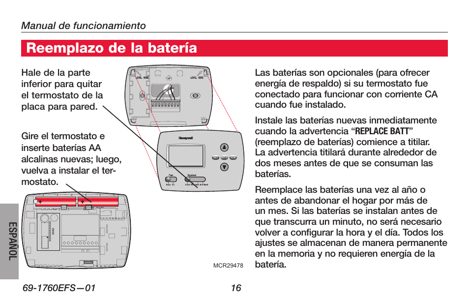 Acerca de su nuevo termostato, Reemplazo de la batería | Honeywell PRO TH4000 User Manual | Page 66 / 72