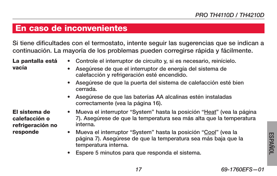 En caso de inconvenientes | Honeywell PRO TH4000 User Manual | Page 67 / 72