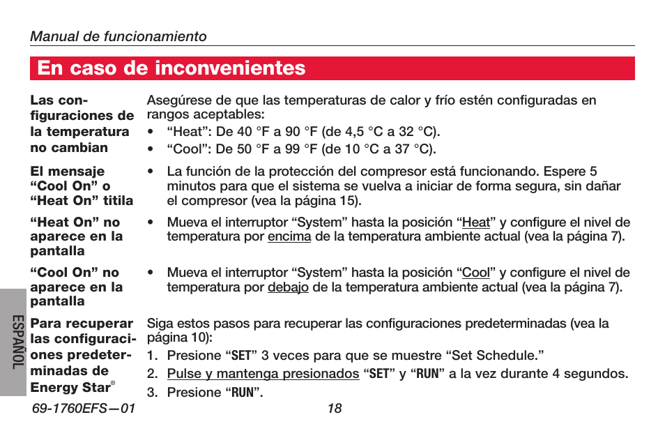 Acerca de su nuevo termostato, En caso de inconvenientes | Honeywell PRO TH4000 User Manual | Page 68 / 72