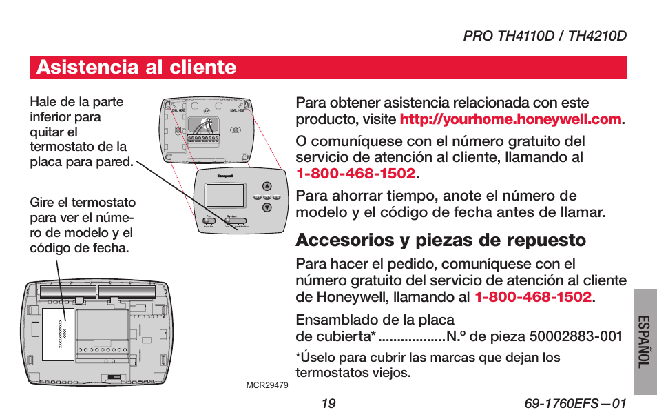 About your new thermostat, Asistencia al cliente, Accesorios y piezas de repuesto | Honeywell PRO TH4000 User Manual | Page 69 / 72