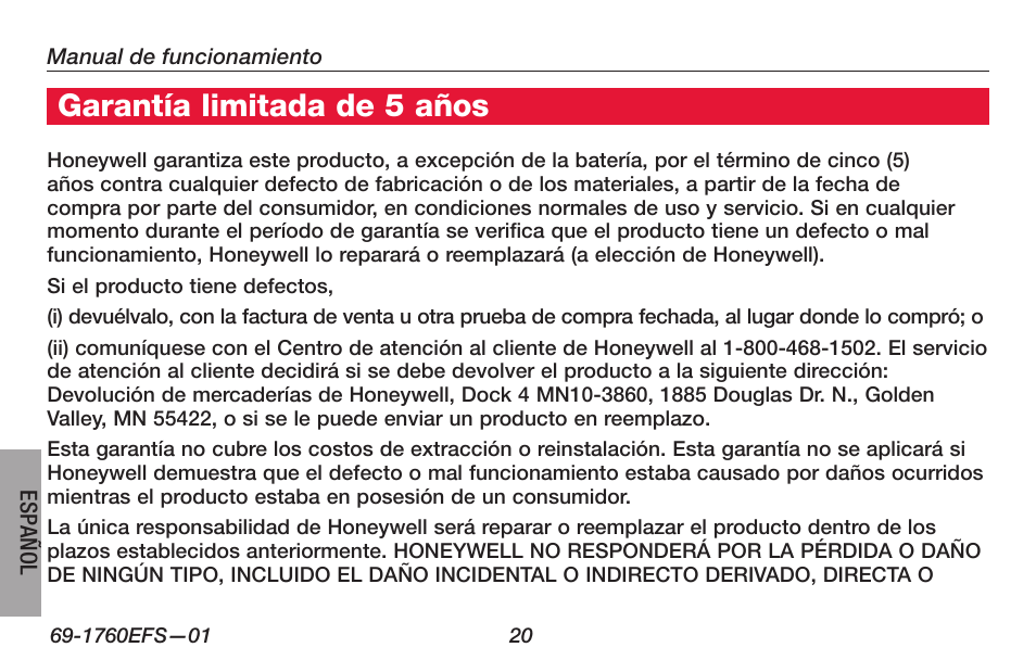 Acerca de su nuevo termostato, Garantía limitada de 5 años | Honeywell PRO TH4000 User Manual | Page 70 / 72