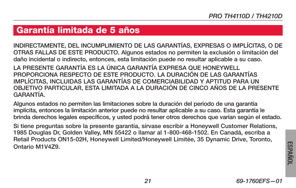 Garantía limitada de 5 años | Honeywell PRO TH4000 User Manual | Page 71 / 72