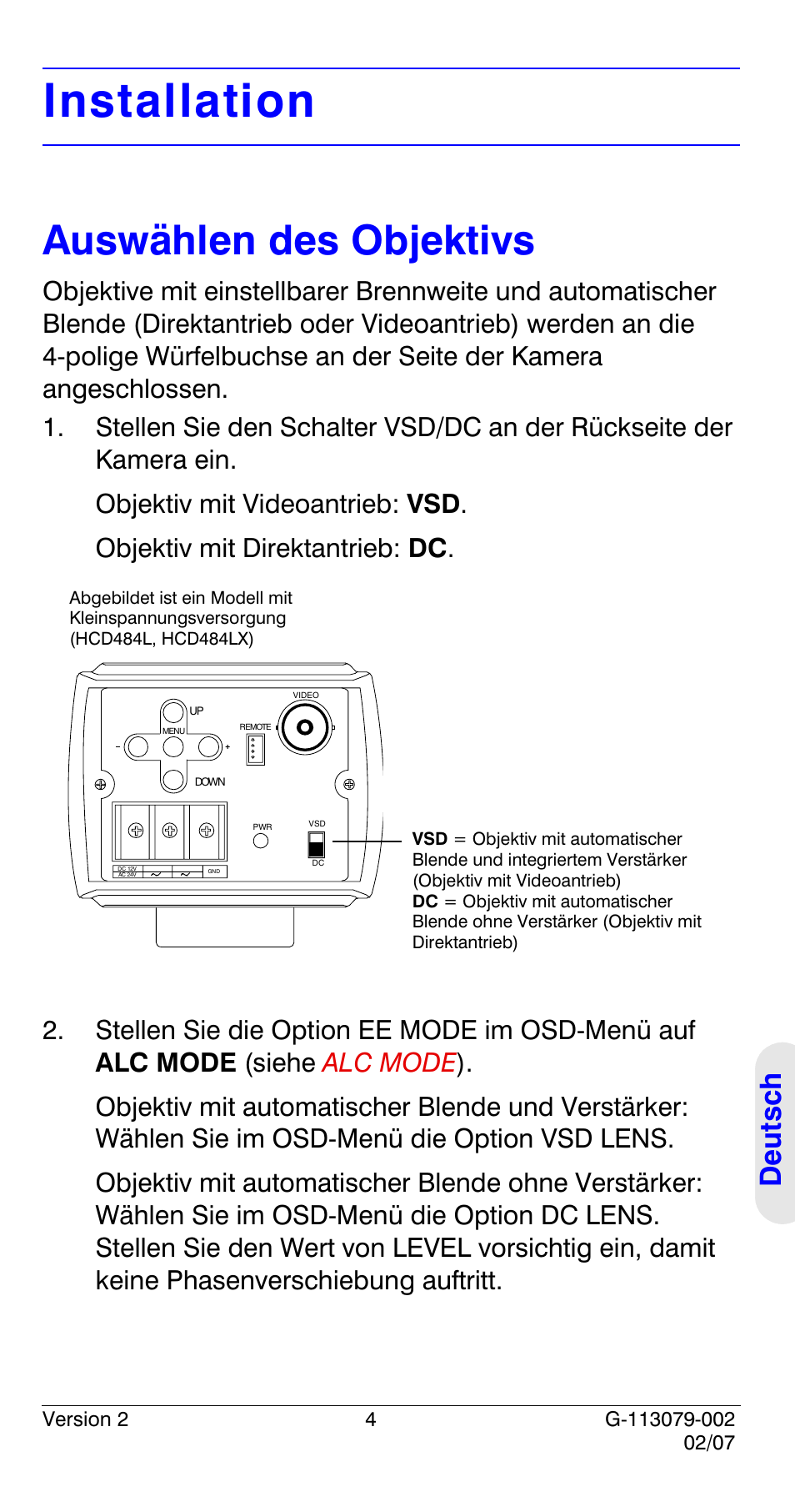 Installation, Auswählen des objektivs, Deutsch | Honeywell HCD484L User Manual | Page 105 / 144