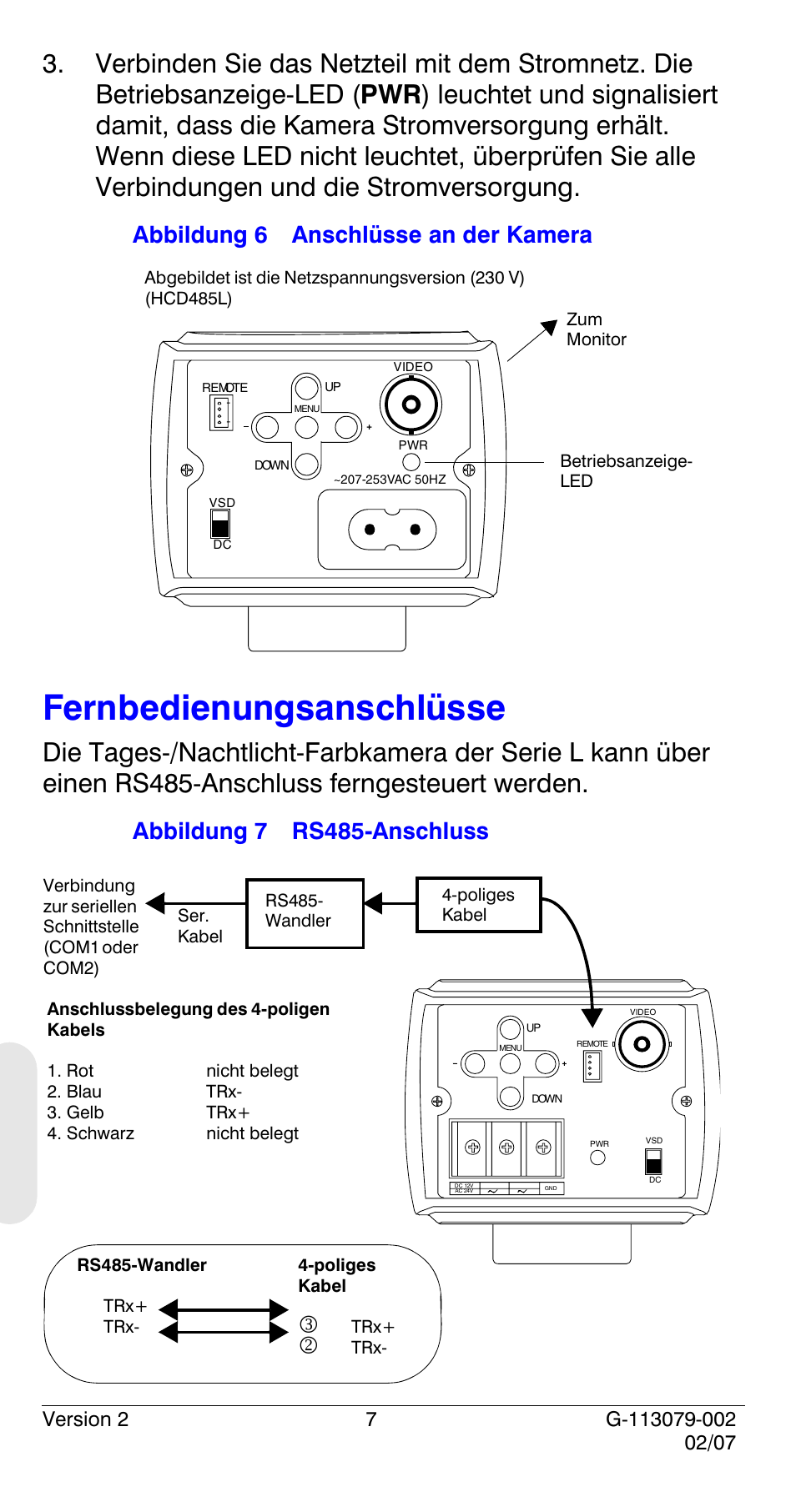 Fernbedienungsanschlüsse, Abbildung 6 anschlüsse an der kamera, Abbildung 7 rs485-anschluss | Honeywell HCD484L User Manual | Page 108 / 144