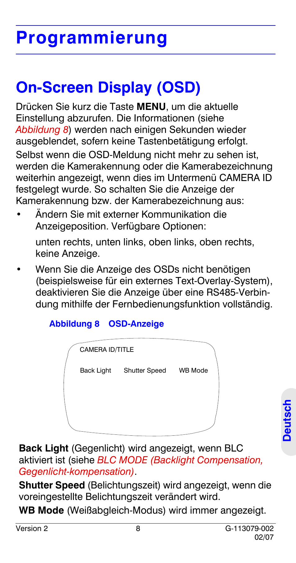 Programmierung, On-screen display (osd) | Honeywell HCD484L User Manual | Page 109 / 144